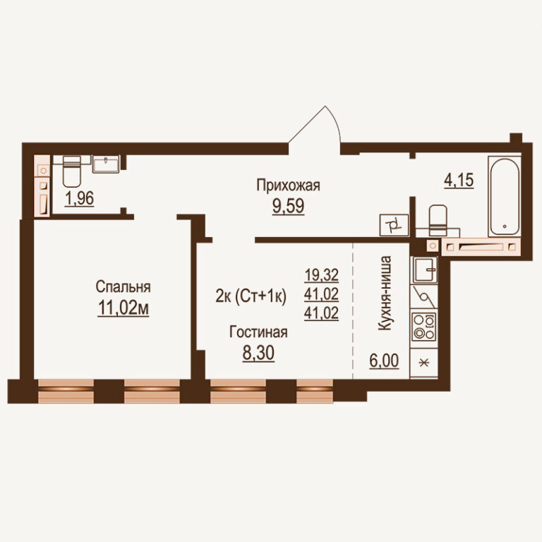 Планировка квартиры 41.02 м² — клубный дом Ривьера