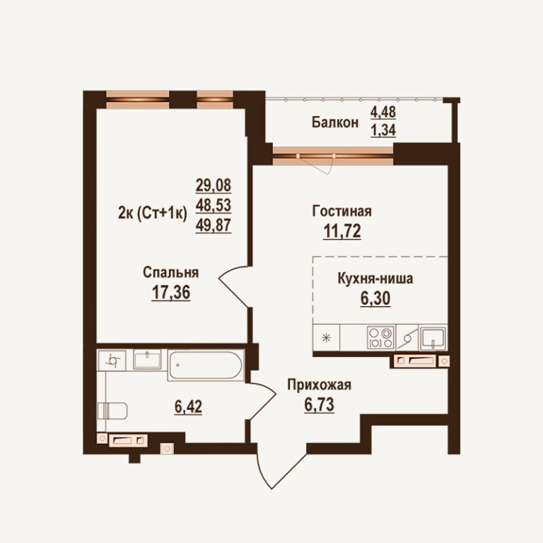 Планировка квартиры 49.87 м² — клубный дом Ривьера