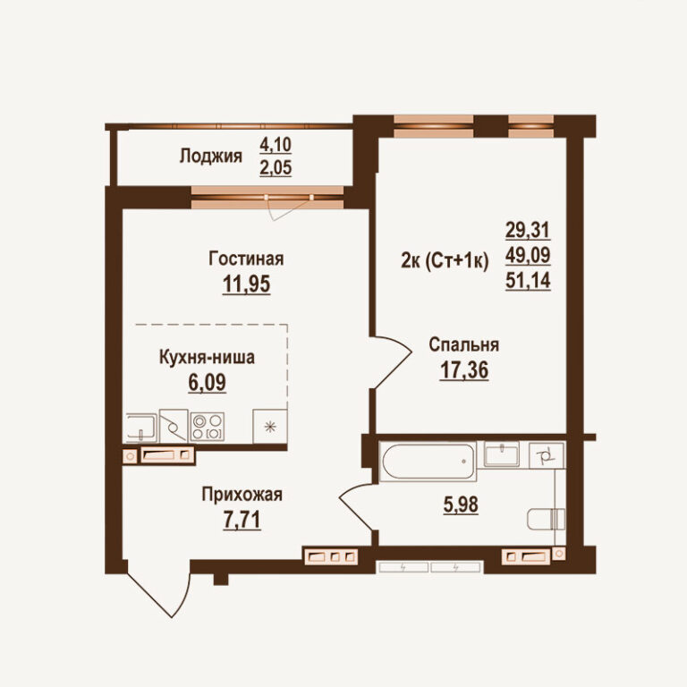 Планировка квартиры 51.14 м² — клубный дом Ривьера