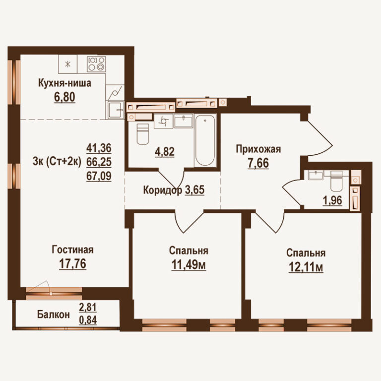 Планировка квартиры 67.09 м² — клубный дом Ривьера