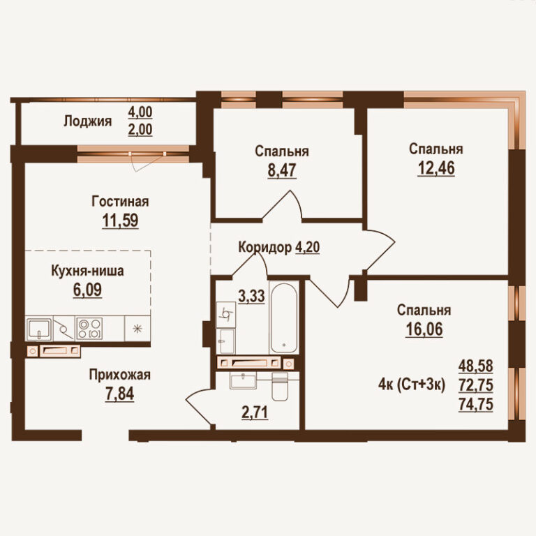 Планировка квартиры 74.75 м² — клубный дом Ривьера