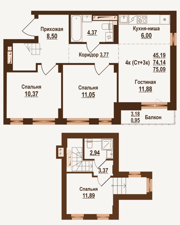Планировка квартиры 75.09 м² — клубный дом Ривьера